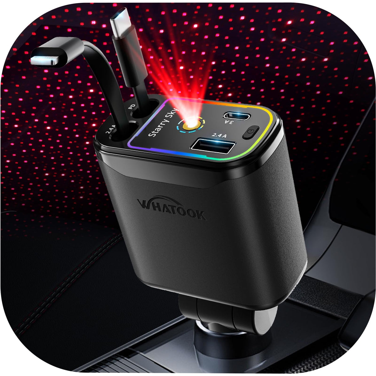 Caricatore da auto flessibile con filo retrattile effetto cielo stellato, ricarica rapida 120 W (compatibile con Type-C e Apple)