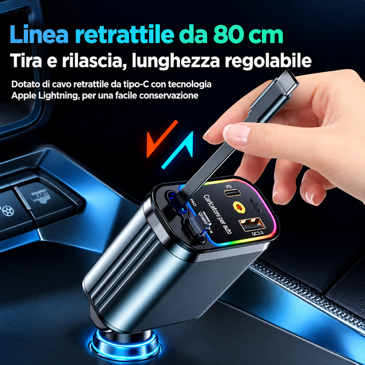 Caricatore da auto flessibile con filo retrattile effetto cielo stellato, ricarica rapida 120 W (compatibile con Type-C e Apple)