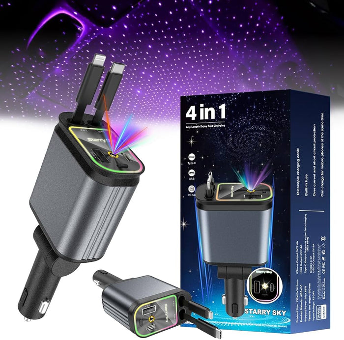 Caricatore da auto flessibile con filo retrattile effetto cielo stellato, ricarica rapida 120 W (compatibile con Type-C e Apple)